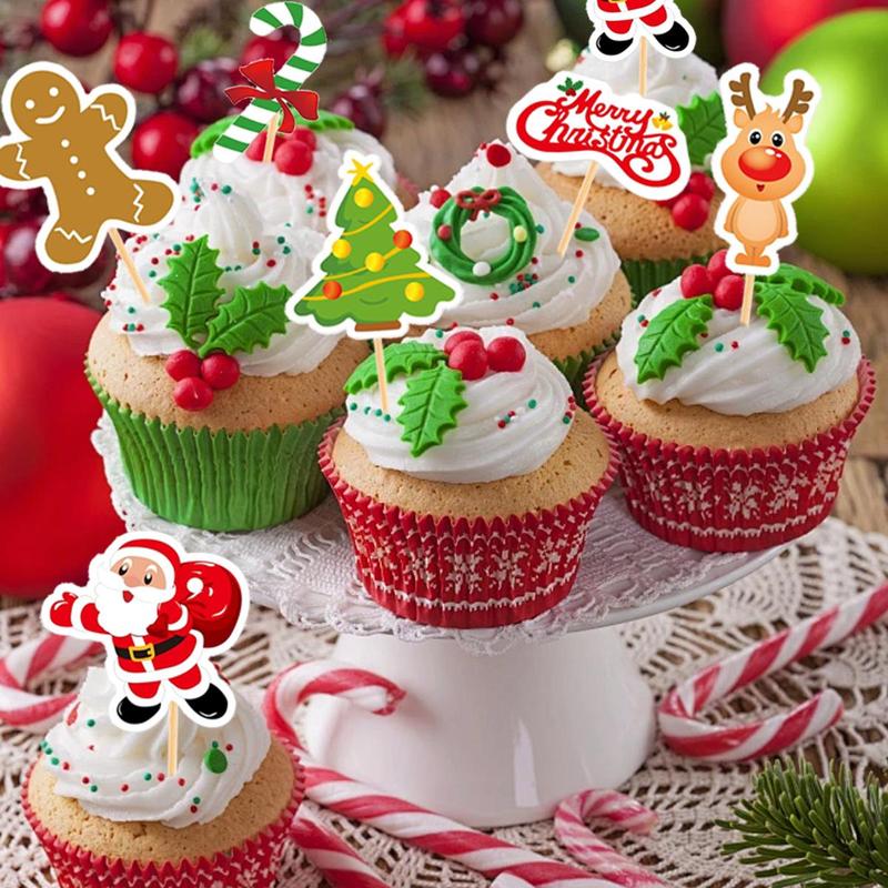 Christmas Themed Cupcake Topper, 24pcs set Cute Cartoon Cupcake Topper, Cake Decoration Supplies for Home Party Holiday