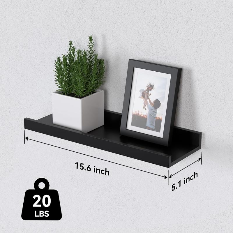 Floating Shelves Set of 6, Black Wall Shelves with Lip, Display Shelves for Wall Decor, Modern Picture Ledge for Living Room, Bedroom, Nursery, Bathroom, Pictures, Books, Plants- Black