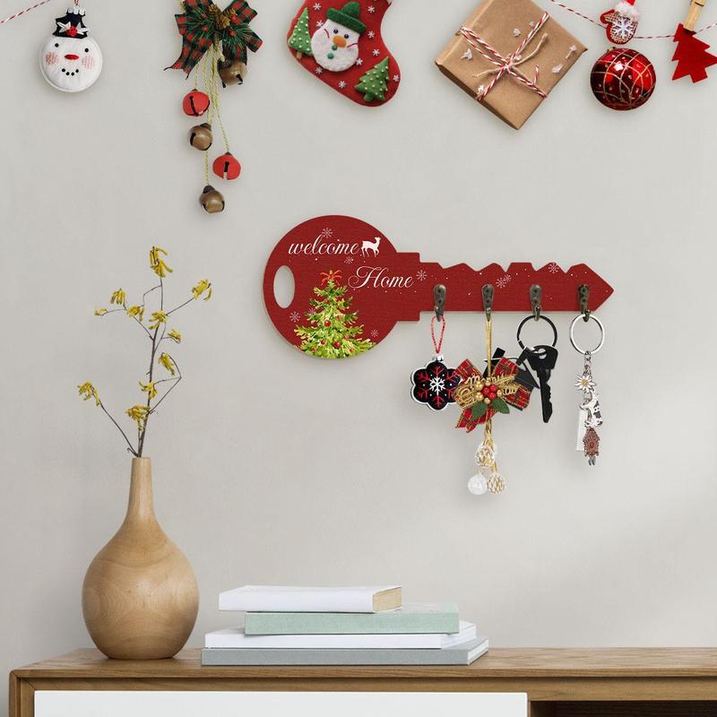 Christmas Themed Key Hook, 1 Count Welcome Home Letter & Tree Pattern Key Shaped Wall Decoration, Key Holder for Entrance Hallway Front Door