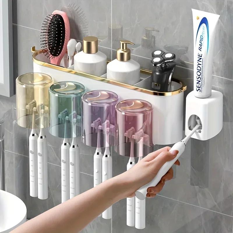 Wall-mounted Toothbrush Storage Box with Toothpaste Dispenser and Mouthwash Cup, Space-saving Bathroom Accessories