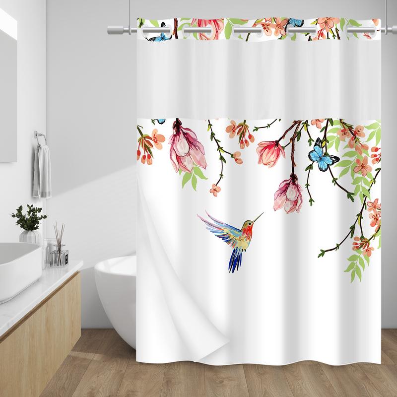 PUNKRAY No Hook Shower Curtain with Snap in Liner - Watercolor Floral Shower Curtain - Fabric Waterproof Inner Liner, Plants Flowers White Cloth Shower Curtains Washable, 71 x 74 Inch