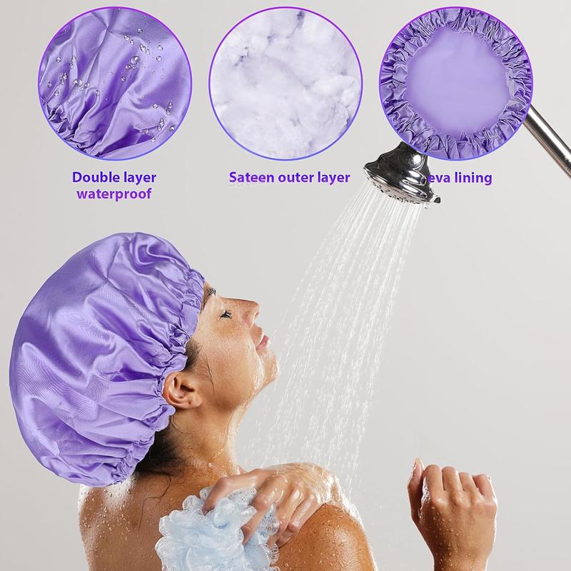 Large Shower Caps for Women,  Shower Cap Double Layers Bath Caps Reusable Hair Cap Washable Elastic Shower Bonnet Bath Hair Hat for Long Hair Braids