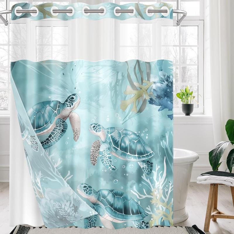 No Hook Nautical Teal Sea Turtles Shower Curtain with Snap in Fabric Liner Set, Ocean Beach Double Layers Waterproof Fabric with See Through Top Window Open Grommet Bath Curtain 71x74 Inch