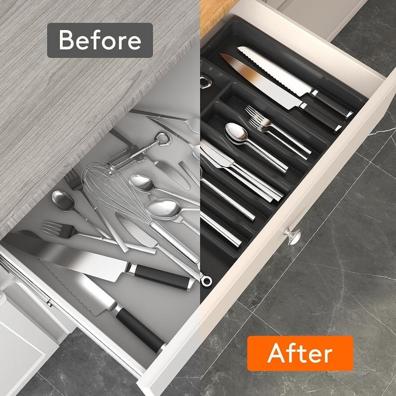 Expandable Kitchen Utensil Drawer Organizer, Cutlery Organizer with 8 Compartments Large Cutlery Organizer Tray for Forks & Knives, Glasses, Chopsticks, BPA Free Durable PP Material, Must Have for Home & Kitchen, Restaurant Silverware Place Holder Boxes