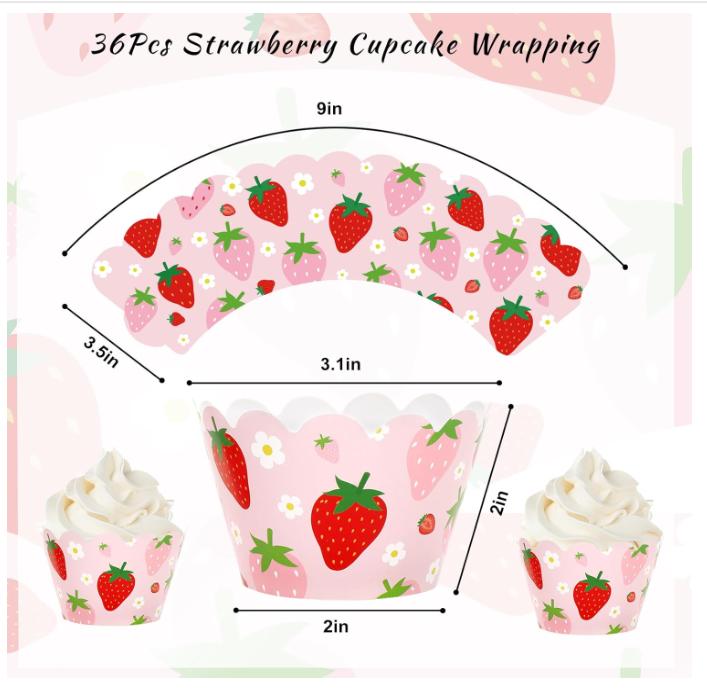 36Pcs Strawberry Cupcake Wrappers Red Pink Strawberry Flower Cupcake Liners Decorative Cupcake Holders for Birthday Baby Shower Party Cake Decoration