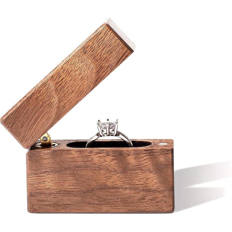 Wooden Engagement Ring Box Small Slim Flat Ring Case for Proposal,Wedding