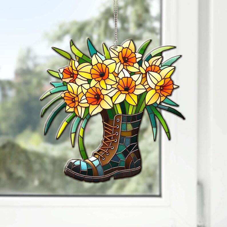 Daffodils boot ACRYLIC Window Hanging, Daffodils lover gift, Daffodils bouquet, Kitchen decor, gift for mom, NOT glass, Home decoration