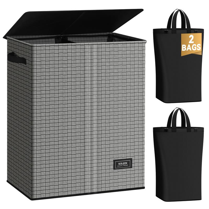 SOLEDI 130L Double Laundry Hamper with Lid and Handle, Laundry Basket 2 Section with Removable bag, Collapsible Dirty Clothes Hampers for Laundry, Bedroom, Dorm, College Organiser