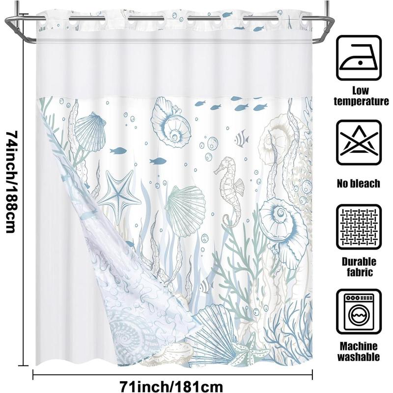 Ikfashoni Nautical Coastal No Hook Shower Curtain with Snap in Liner, Seashell Beach Shower Curtain with Liner, Hotel Shower Curtain, Ocean Themed Shower Curtains for Bathroom Decor, 72