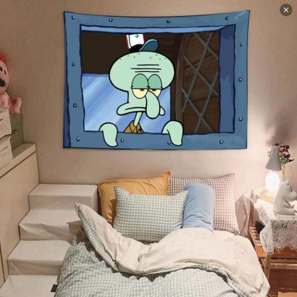 Squidward indoor Cartoon Wall Hanging Tapestry Background Wall cloth With Hooks Accessories Decoration 17x13 in