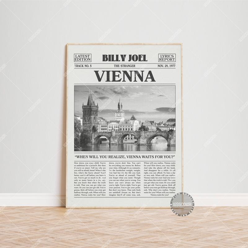 Billy Joel Retro Newspaper Print, Vienna Poster, Vienna Lyrics Print, Billy Joel Poster, The Stranger Poster, No frame.