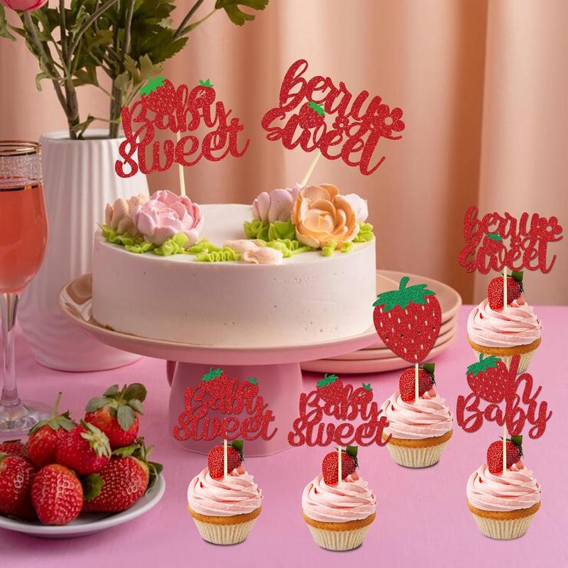 Strawberry Oh  Cupcake Toppers - 36 count Glitter Strawberry Shortcake Decorations Strawberry  Shower Decorations  Sweet Cupcake Toppers Strawberry Shortcake  Shower Cupcake Decor