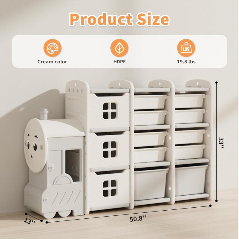 Kids Toy Storage Organizer 10 Removable Toy Bins 3 Cabinets, Multi-Purpose Toy Organizers and Storage, Enclosed Cabinets, Pull-Out Drawers, Kids Toy Storage for Playroom, Nursery, Bedroom