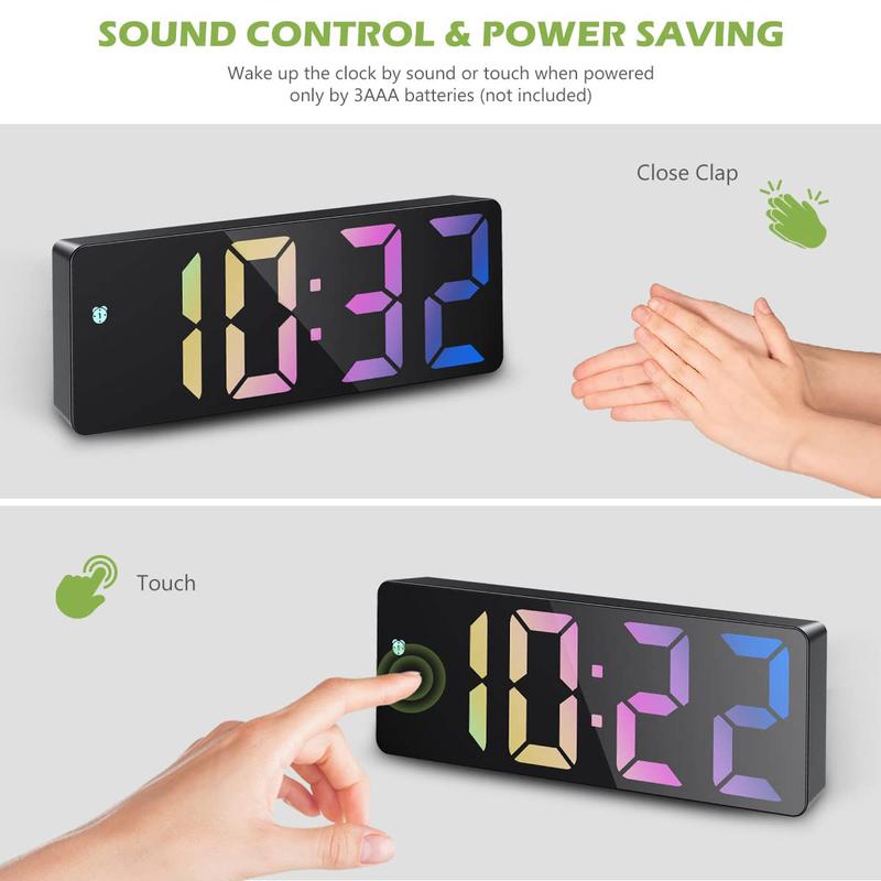 Digital Alarm Clock Colorful LED Electronic Clock USB Battery Operated Smart Desk Clock 12 24H Display 3 Adjustable Brightness 5 Modes Voice Control Snooze Function Reusable