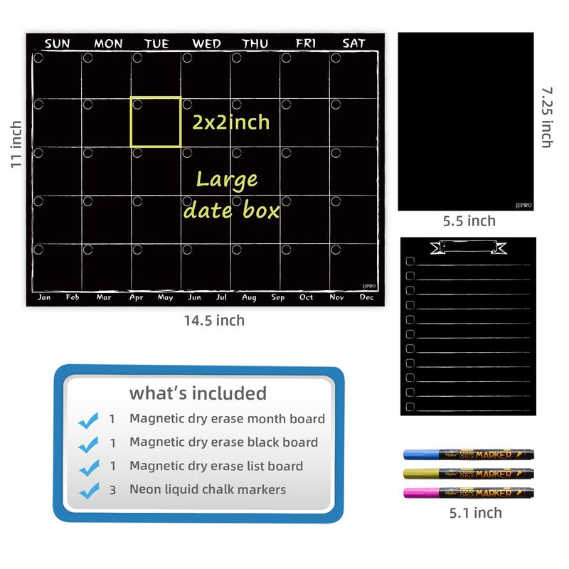 Magnetic Chalkboard Monthly Calendar with neon Bright Liquid Chalk Markers – Black Refrigerator Monthly Planning Board w Bonus - Grocery List and Notepad for Kitchen Refrigerator