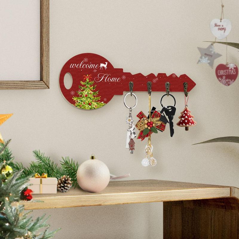 Christmas Themed Key Hook, 1 Count Welcome Home Letter & Tree Pattern Key Shaped Wall Decoration, Key Holder for Entrance Hallway Front Door