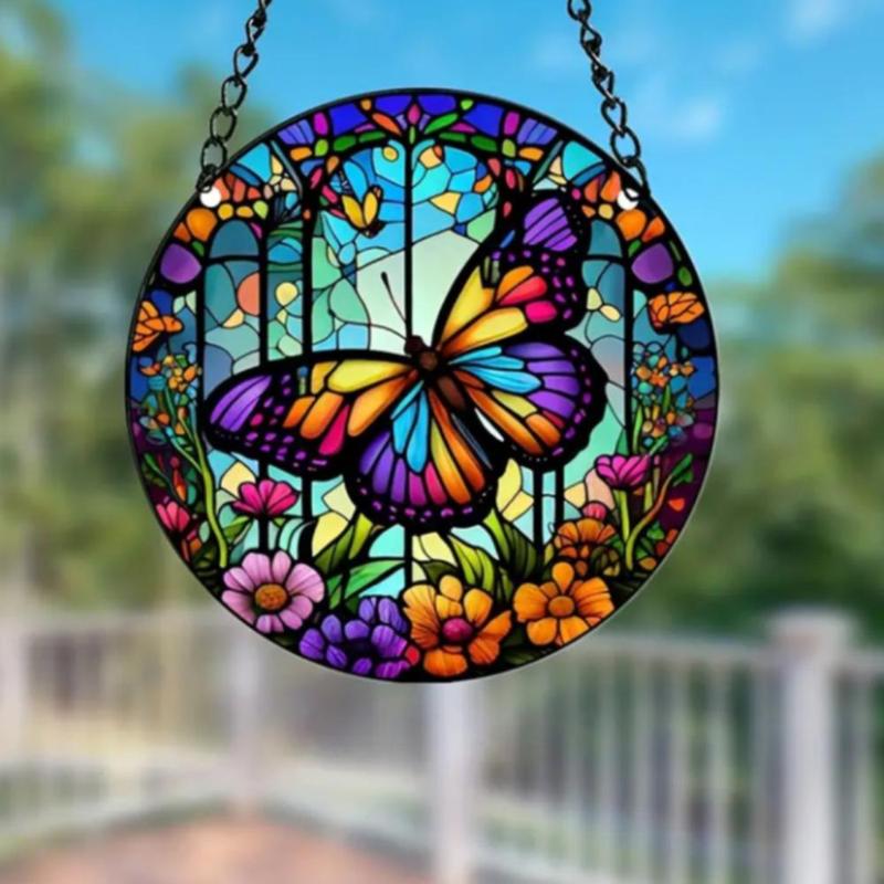 Butterfly Pattern Hanging Decor, Waterproof Round Hanging Ornament with Rope, Hanging Decor for Home Garden Party