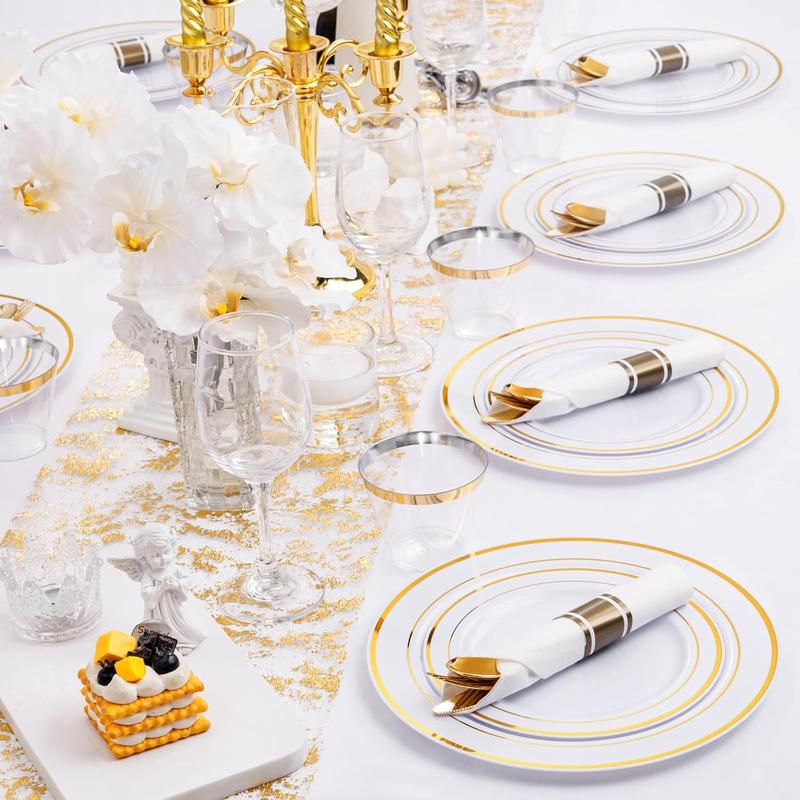 350 Pieces Gold Plastic Plates - Disposable Silverware and Cups, Include: 50 Dinner Plates 10.25”, 50 Dessert Plates 7.5”, 50 Gold Rim Cups 9 OZ, 50 Gold Cutlery for Thanksgiving