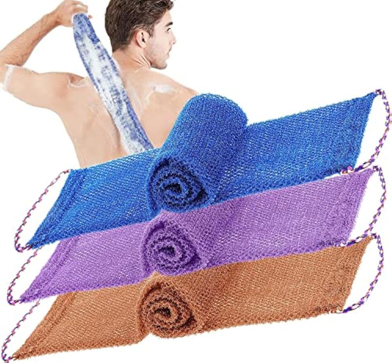 3 Pieces African Exfoliating Net Sponge, African Bathing Back Scrubbers, Shower Net Body Scrubber with Pull Strap (Blue Purple Coffee)