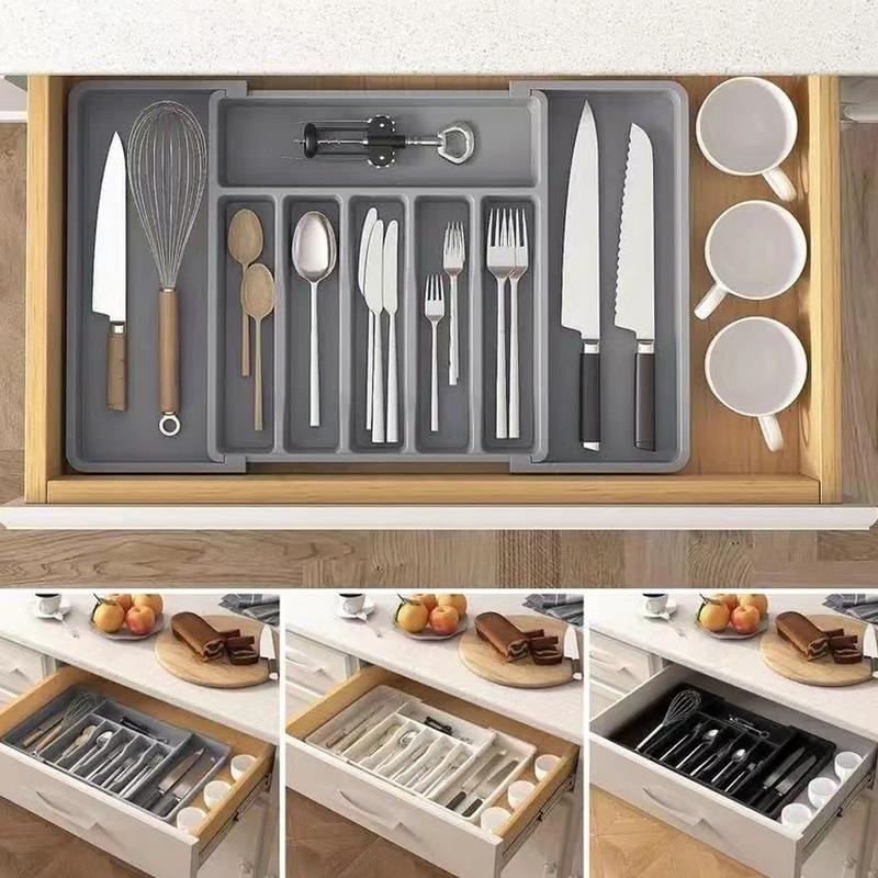 Expandable Kitchen Utensil Drawer Organizer, Cutlery Organizer with 8 Compartments Large Cutlery Organizer Tray for Forks & Knives, Glasses, Chopsticks, BPA Free Durable PP Material, Must Have for Home & Kitchen, Restaurant Silverware Place Holder Boxes