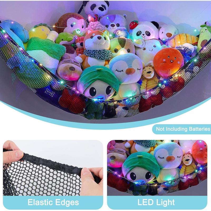 Stuffed Animals Net or Hammock Toy Storage Organizer with LED Light Unicorn Castle Hanging Corner Stuffed Animals Holder Girls Room Decor