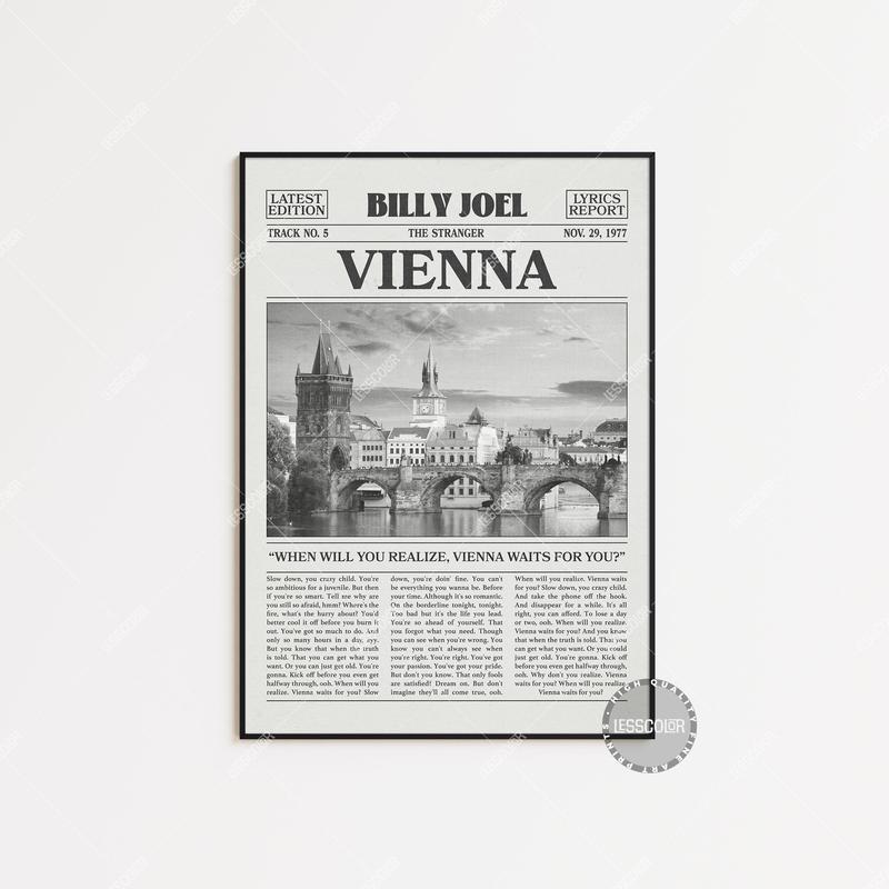 Billy Joel Retro Newspaper Print, Vienna Poster, Vienna Lyrics Print, Billy Joel Poster, The Stranger Poster, No frame.