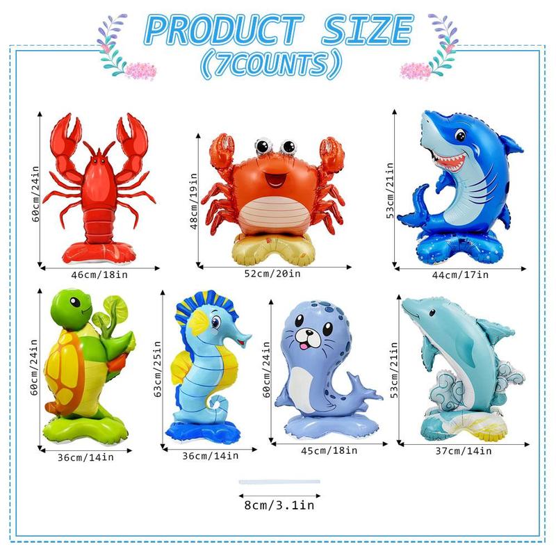 Under The Sea Animal Design Balloon, 7 Counts set Cute Ocean Animal Foil Balloon, Standing Balloon for Birthday Party Decoration