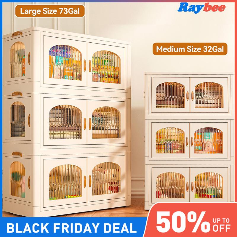 RaybeeFurniture Large Removable Storage Containers with Lids - Collapsible Storage Bins with Wheels & Doors, Multifunctional Stackable Storage Boxes for Clothing,Books, Bedding and Toys Organiser storage  bins