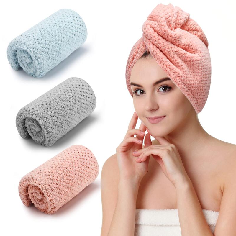 3 PCS Microfiber Hair Towel, Hair Wraps for Women Wet Hair, Fast Drying Hair Turban, Anti Frizz Head Towels Wrap for Curly Hair (Grey, Pink, Blue)