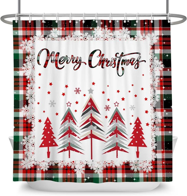 Merry Christmas Shower Curtain Red Green Buffalo Check Plaid Shower Curtain Sets for Bathroom 72x72 in with 12 Hooks