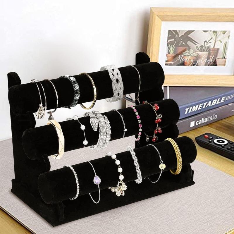 Velvet Bracelet Holder with 3 Tier Rack, Black Detachable Jewelry Display Stand T-Bar Necklace Storage Organizer for Bangles Watch Bracelets Scrunchies Organization Showcase