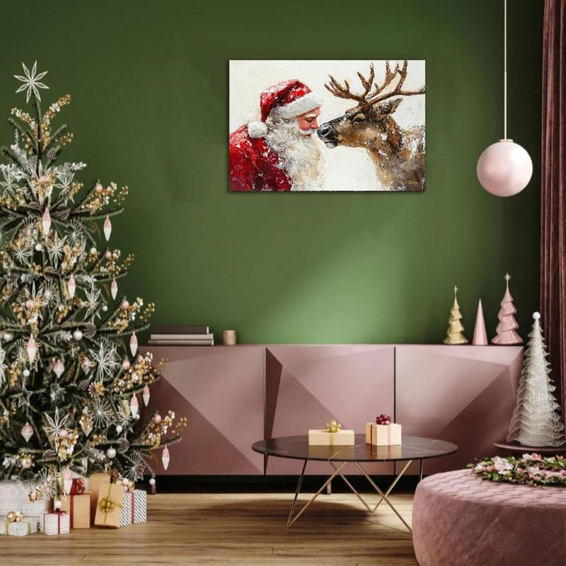 Christmas Santa Claus & Reindeer Wooden Frame Canvas Painting, 1 Count Winter Scene Wall Art, Wall Decor for Home Living Room Bedroom