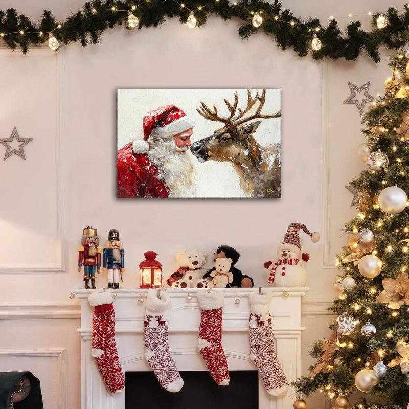 Christmas Santa Claus & Reindeer Wooden Frame Canvas Painting, 1 Count Winter Scene Wall Art, Wall Decor for Home Living Room Bedroom