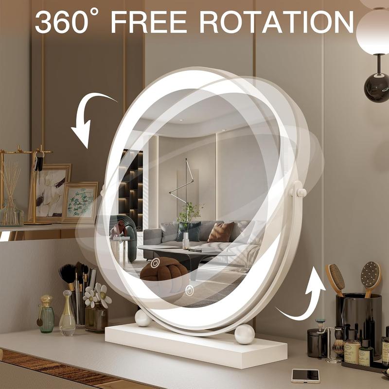 13 Inch Vanity Mirror with Lights, Round Make Up Mirror with Lighting, LED Mirror Makeup Mirror with Lights for Bedroom Tabletop, Smart Touch Control, 360 Rotation (White)