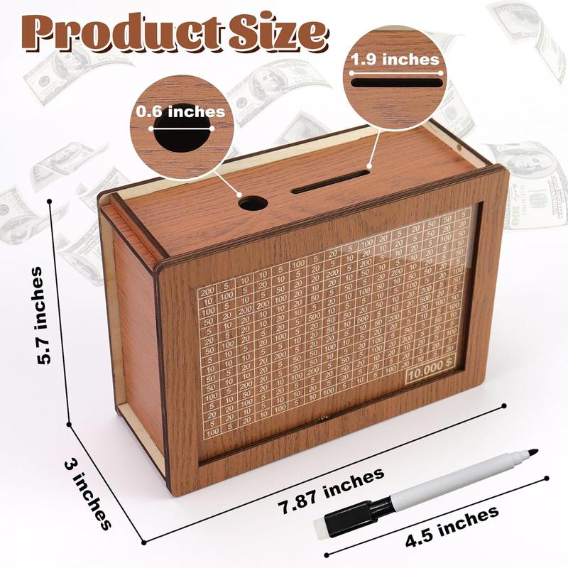 Money Saving Storage Box,Wooden Piggy Bank with Money Target & Numbers for Cash Saving 10000 Dollar