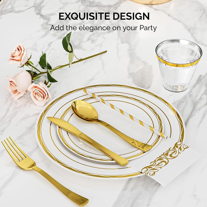 ROVSUN 400 Pieces Gold Disposable Dinnerware Set 50 Guests, Elegant Plastic Plates for Party Wedding, 50 Dinner Plates, 50 Dessert Plates, 50 Cups, 50 Silverware set, 50 Napkins, 50 Straws