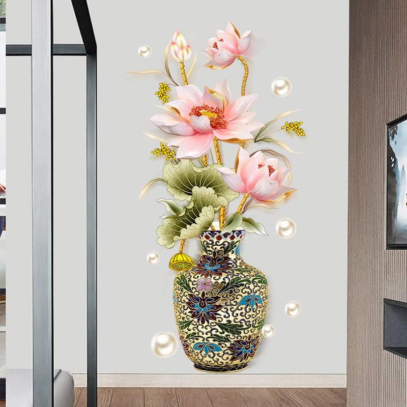 Chinese lotus classical vase wall stickers pearl living room art wall decals home entrance background decoration,home decor,decors