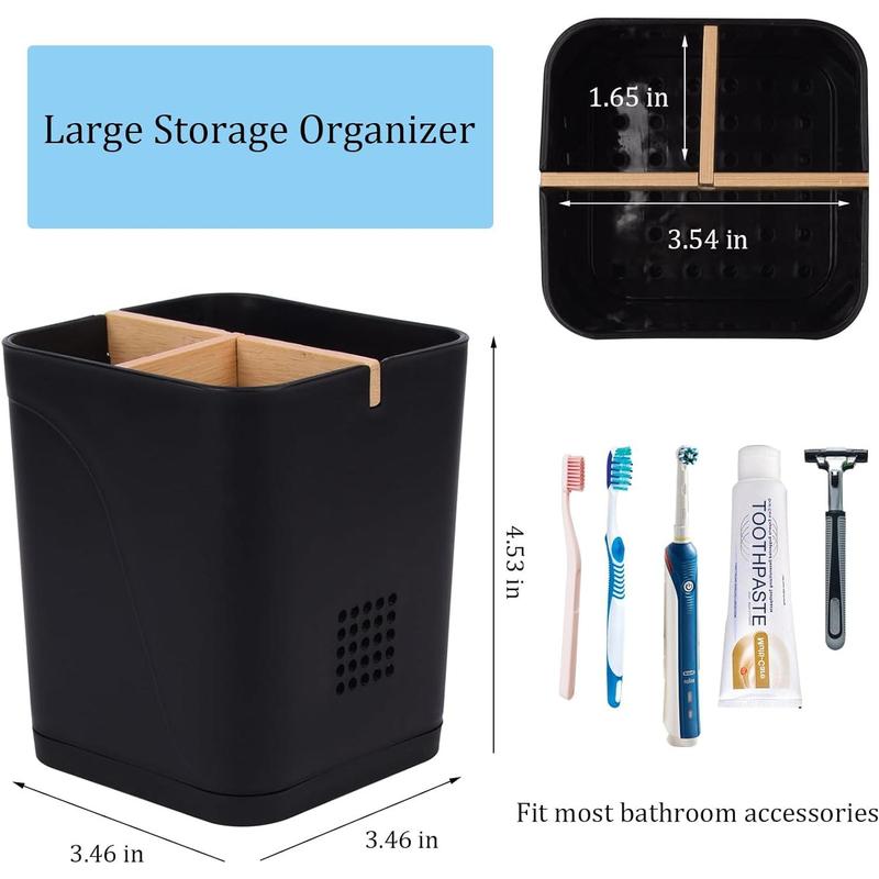 Electric Toothbrush Holder 3 Slots Tooth Brushing Holder with Bamboo Dividers for Bathrooms, Plastic Toothbrush and Toothpaste Black Organizer for Shower, Countertop, Vanity.