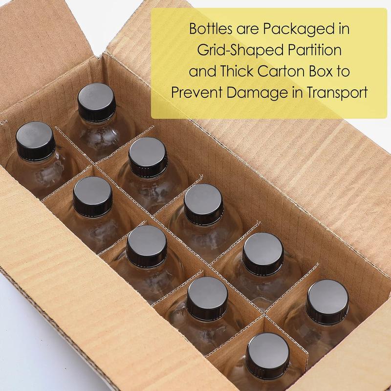 10 count, 4 oz Small Clear Glass Bottles with Lids & 3 Stainless Steel Funnels - 120ml Boston Round Sample Bottles for Potion, Juice, Ginger Shots, Oils, Whiskey, Liquids - NO Leakage