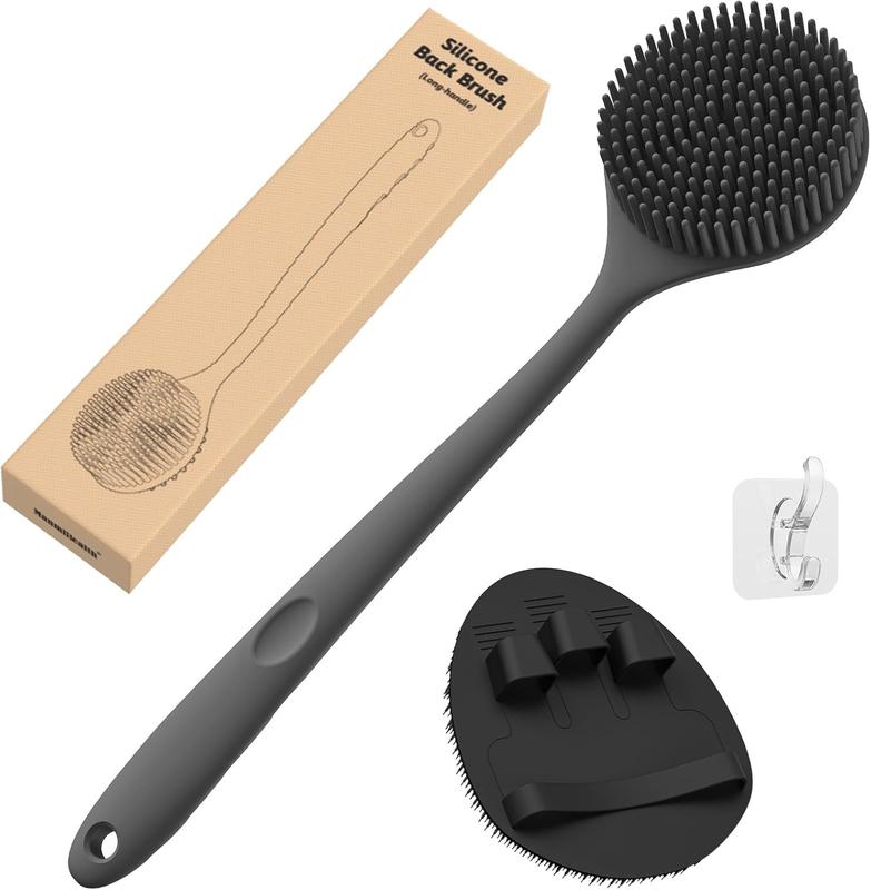 Scrubber(Thick Bristles) & Soft Bath Glove Set, Super-  Scrubber & Super-Lathering Shower Brush Combination, with a Free Hook.(Black)