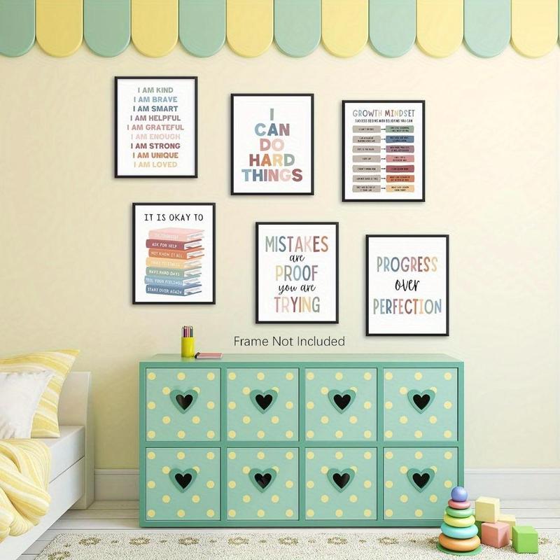 Positive Affirmations Quotes Wall Art, 6 Counts set Psychology Feelings Posters, Growth Mindset Posters for Classroom Therapy Office Decor