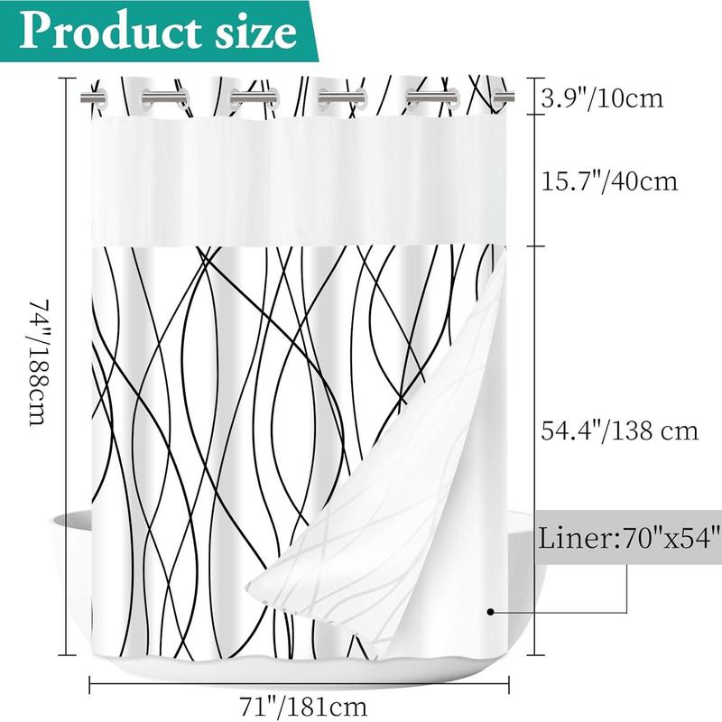 2024No Hook Black and White Striped Shower Curtain with Snap in Fabric Liner Set - Hotel Shower Curtain and Liner Set with See Through Mesh Top Window,Machine Washable, 71x74 INCH