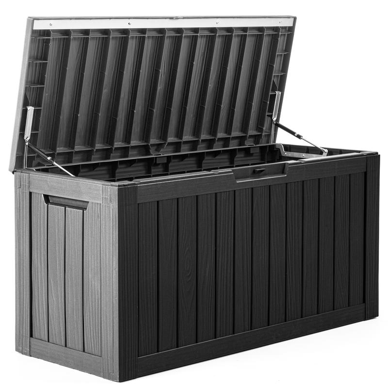 30 81 Gallon Deck Box for Patio Furniture, Pool Accessories, and Storage for Outdoor Toys, Black Brown