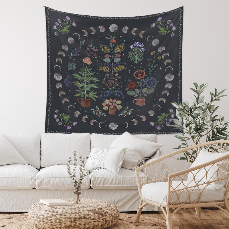 Decor Wall Art, 1 Count Moon & Plant Pattern Tapestry, Wall Hanging Decor Background for Home Bedroom, Room Decor