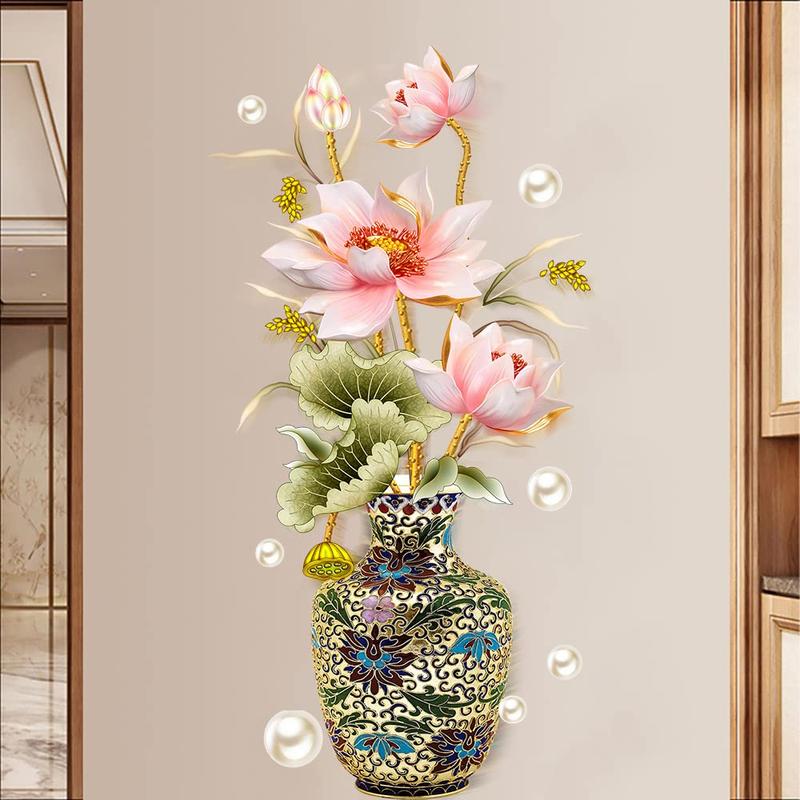 Chinese lotus classical vase wall stickers pearl living room art wall decals home entrance background decoration,home decor,decors