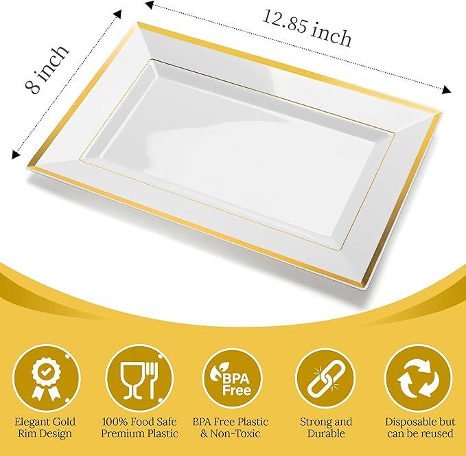 Elegant Plastic Serving Tray & Platter Set (6pk) - White & Gold Rim Disposable Serving Trays & Platters for Food - Weddings, Upscale Parties, Dessert Table, Cupcakes - 8 x 12.85 inches dessert tray