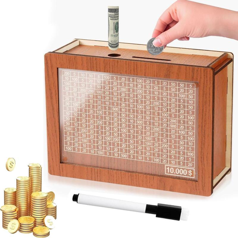 Money Saving Storage Box,Wooden Piggy Bank with Money Target & Numbers for Cash Saving 10000 Dollar