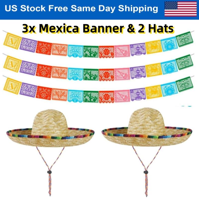 3 Pack 22FT Mexican Banners & 2 Mexican Sombrero Hats Fiesta Party Decoration