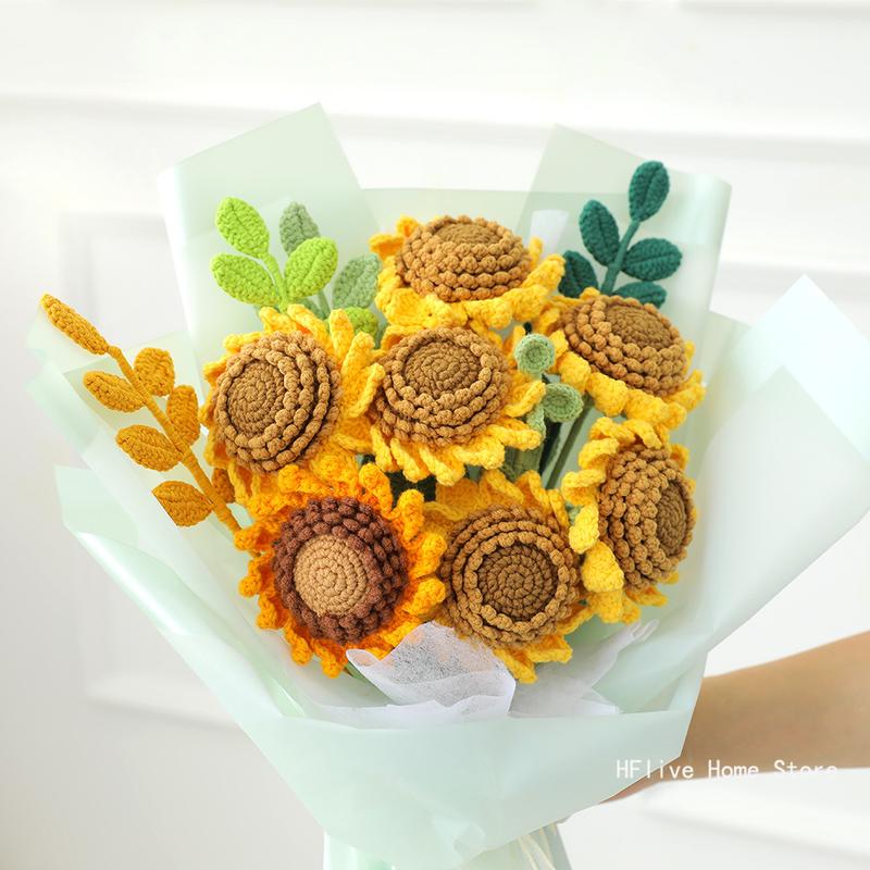 Lovely Finished Crocheted Sunflower Simulation Bouquet Decor Decorative