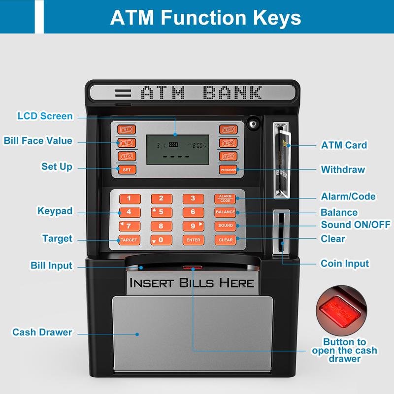 ATM Piggy Bank for Kids for Real Money Safe with Debit Card, Coin Recognition,Decor Ornaments,Bill Feeder,Balance Calculator, Digital Electronic Kids Piggy Bank Boalord for Boys Girls